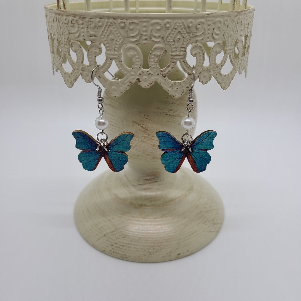 Indian Blue Butterfly Earrings with Faux Pearl Bead - Picture 3 of 4